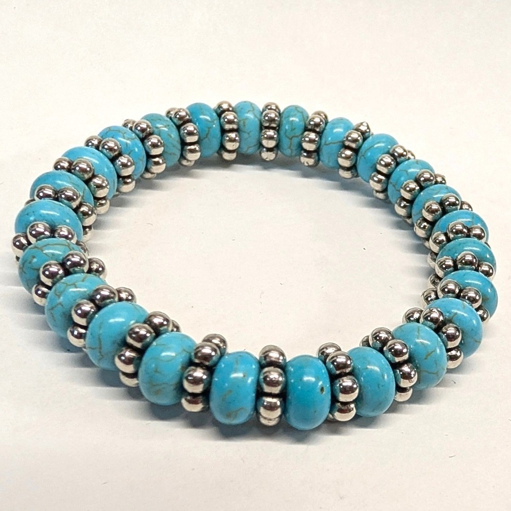 New Faux‎ Turquoise Beaded Stretch Bracelet Teal Blue Silvertone Southwestern
